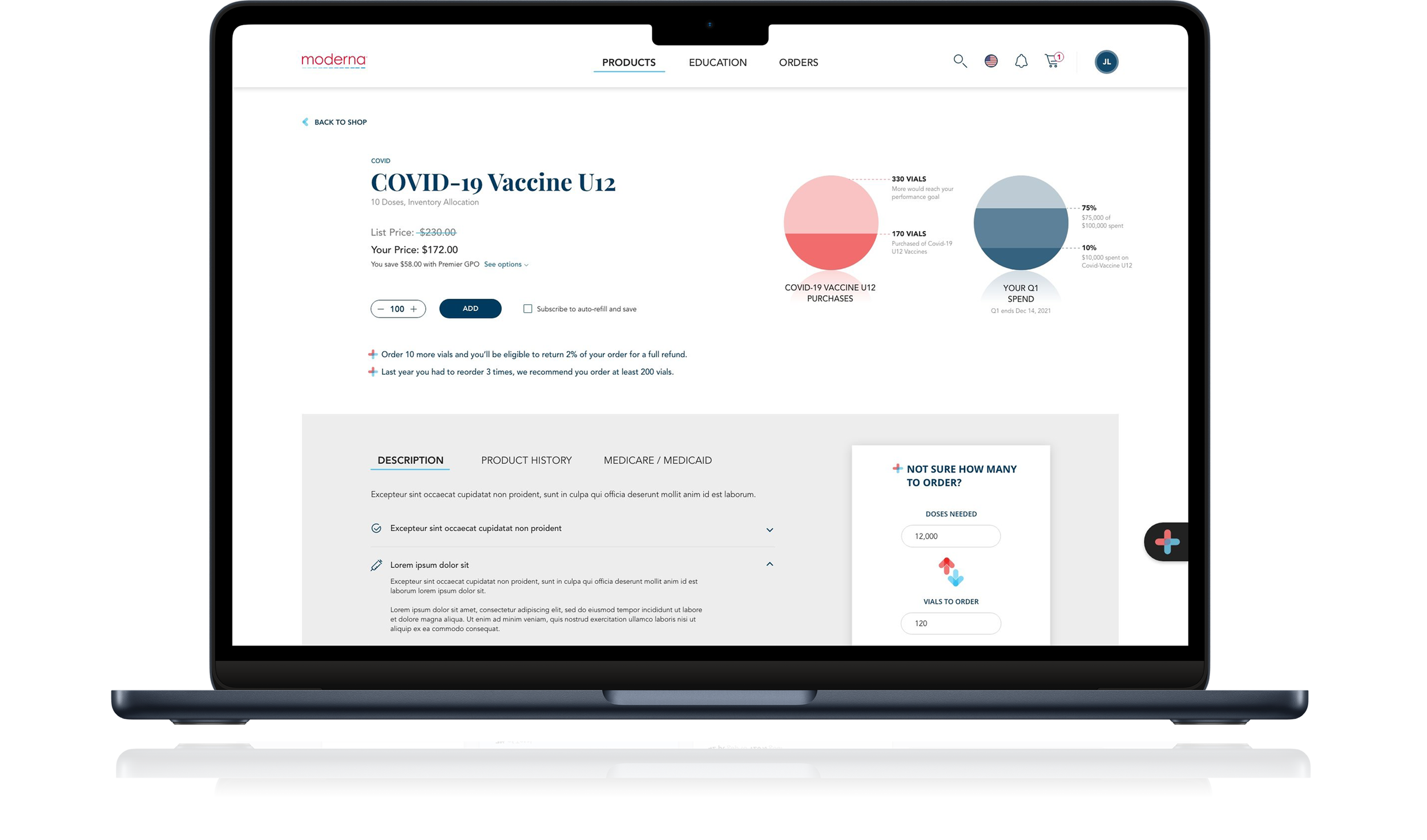 Moderna Direct product detail with reorder guidance