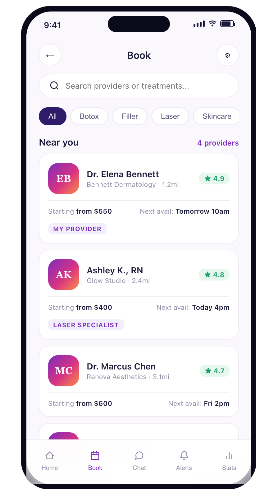 Rinnova booking screen