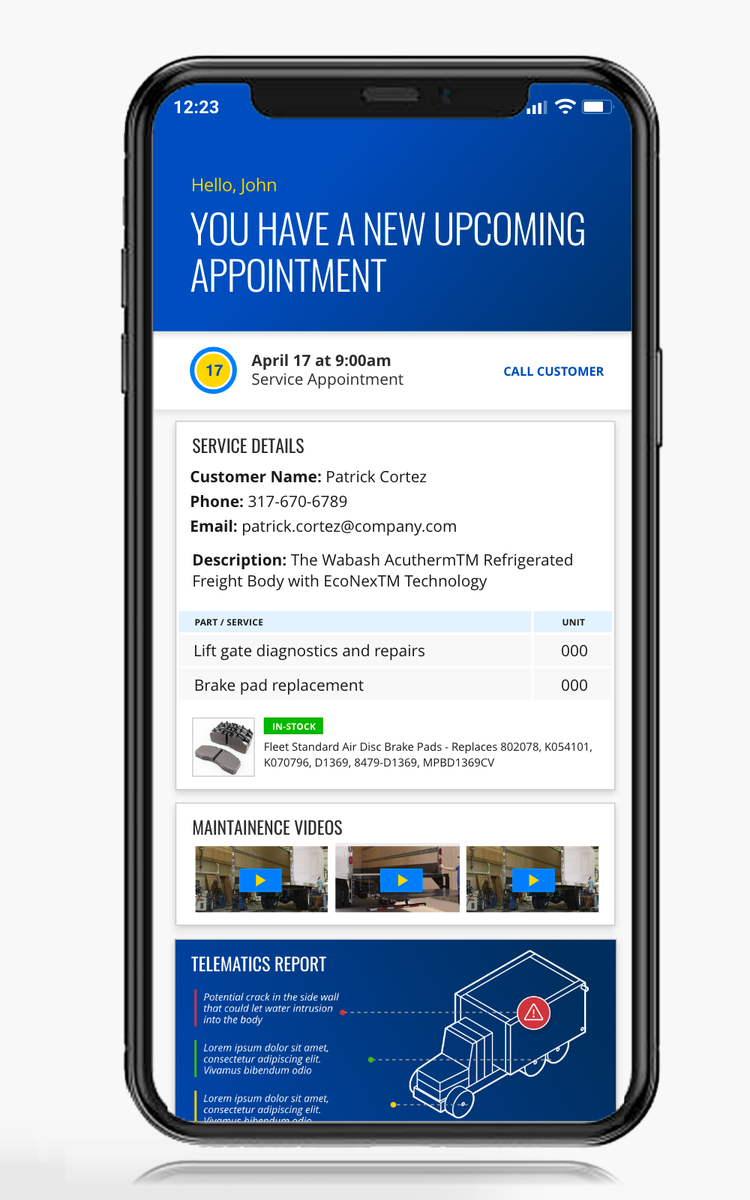 Technician service details and telematics